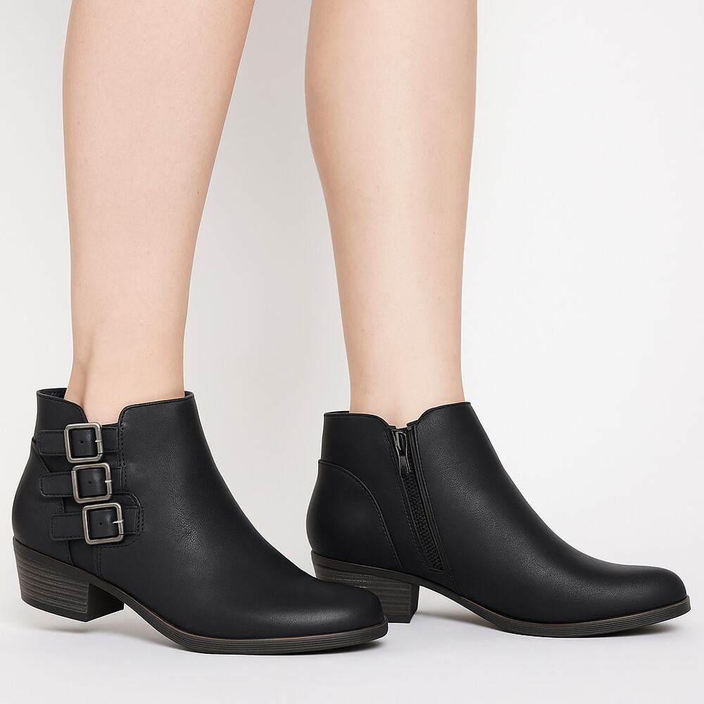 London Fog Black Faux Leather Buckle Ankle Booties Women’s Size 8.5M